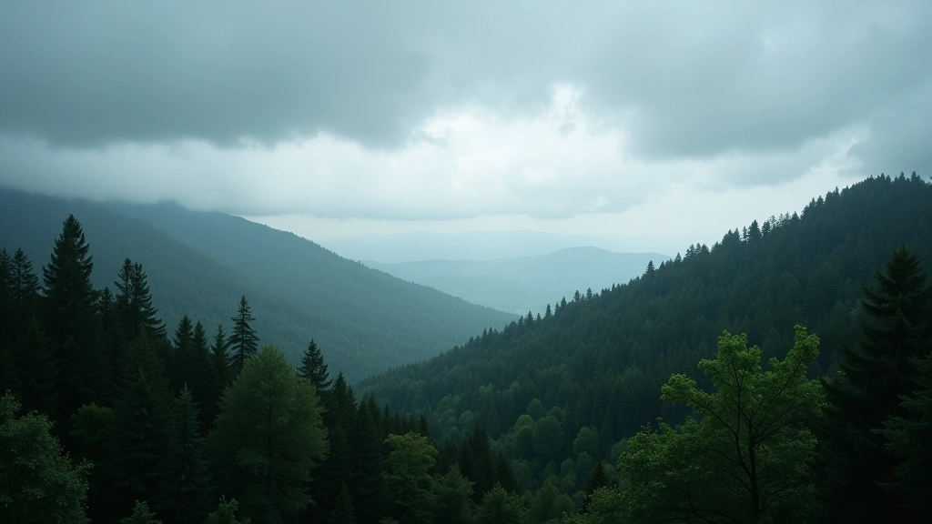 Debesuota dangus virš miško, gali prasidėti lietus bet kuriuo metu, grasinanti atmosfera